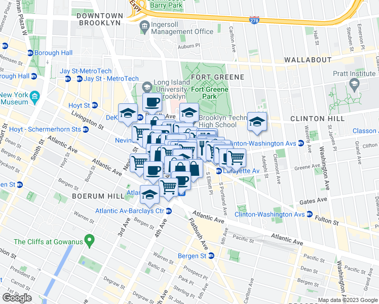 map of restaurants, bars, coffee shops, grocery stores, and more near 711 Fulton Street in Brooklyn