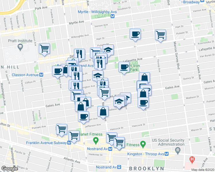 map of restaurants, bars, coffee shops, grocery stores, and more near 294 Lexington Avenue in Brooklyn