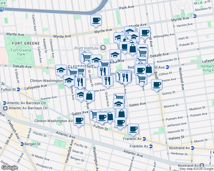 map of restaurants, bars, coffee shops, grocery stores, and more near 247 Greene Avenue in Brooklyn