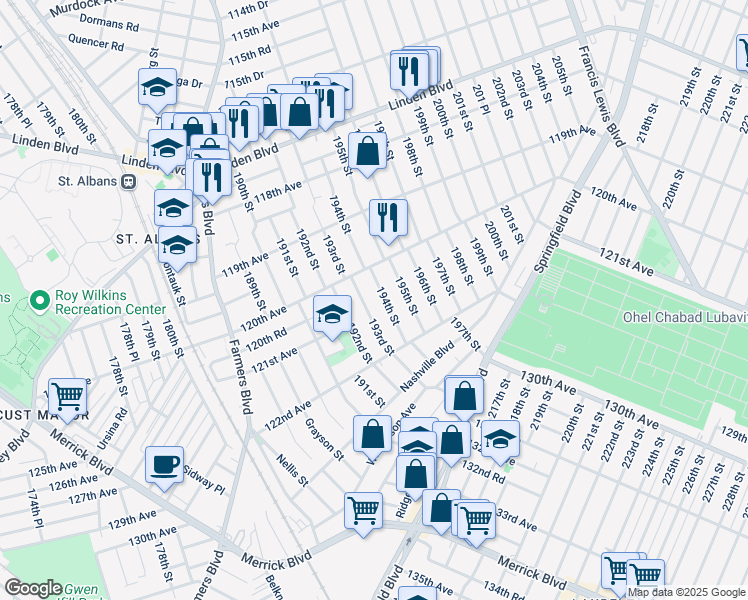 map of restaurants, bars, coffee shops, grocery stores, and more near 120-36 194th Street in Queens