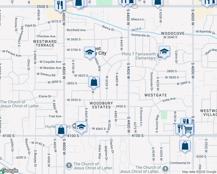 map of restaurants, bars, coffee shops, grocery stores, and more near 3879 South 4535 West in West Valley City