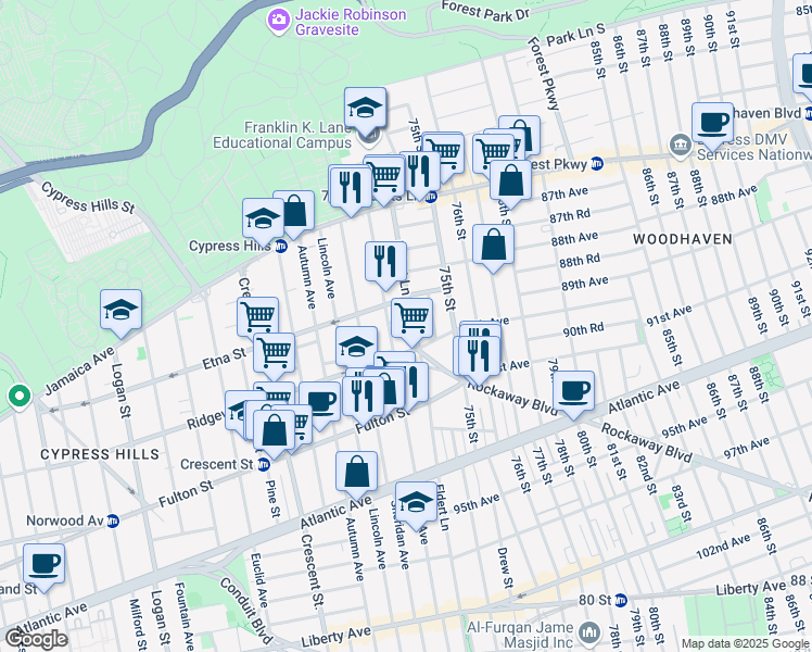 map of restaurants, bars, coffee shops, grocery stores, and more near 150 Eldert Lane in Brooklyn