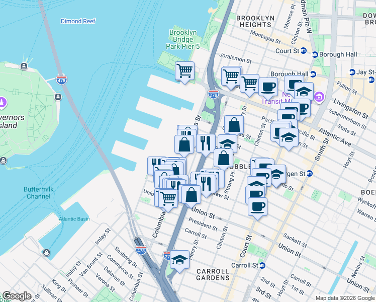 map of restaurants, bars, coffee shops, grocery stores, and more near 90 Kane Street in Brooklyn