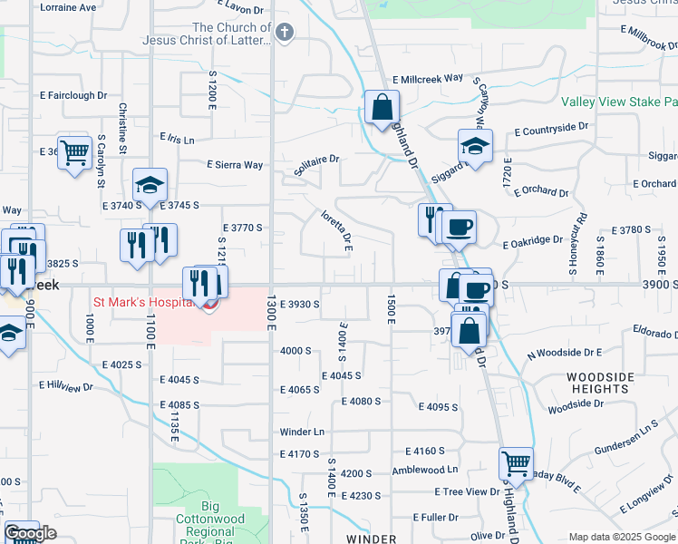 map of restaurants, bars, coffee shops, grocery stores, and more near 1411 East Komenda Way in Millcreek