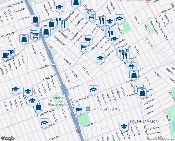 map of restaurants, bars, coffee shops, grocery stores, and more near 143-04 Ferndale Avenue in Queens