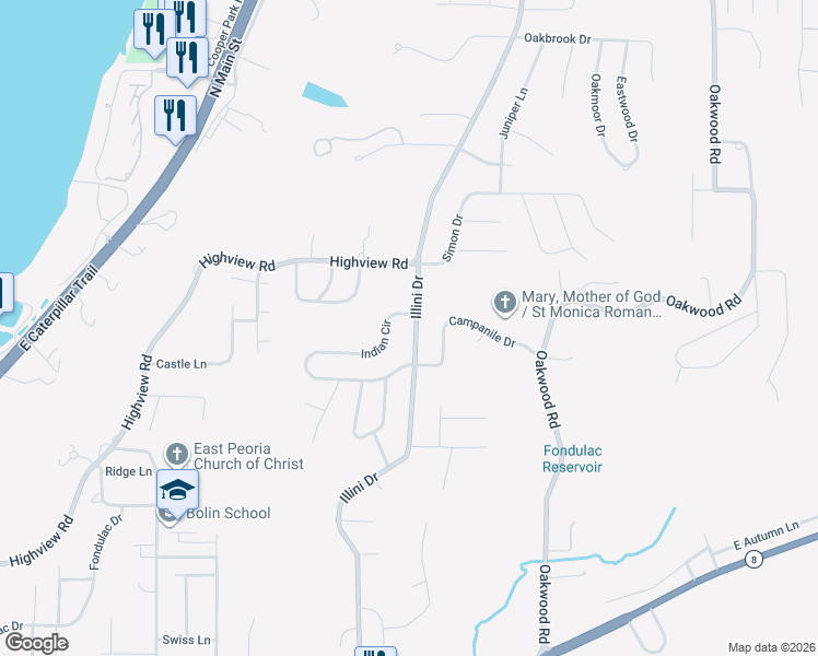 map of restaurants, bars, coffee shops, grocery stores, and more near 205 Illini Drive in East Peoria
