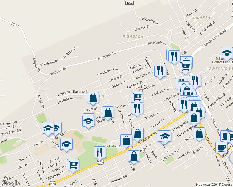 map of restaurants, bars, coffee shops, grocery stores, and more near 915 Fairview Street in Pottsville