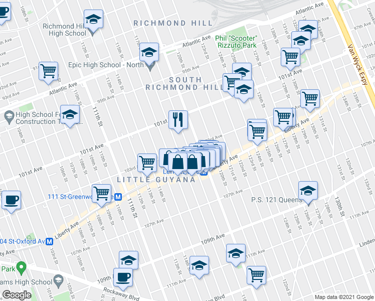 map of restaurants, bars, coffee shops, grocery stores, and more near 103-2 118th Street in Queens