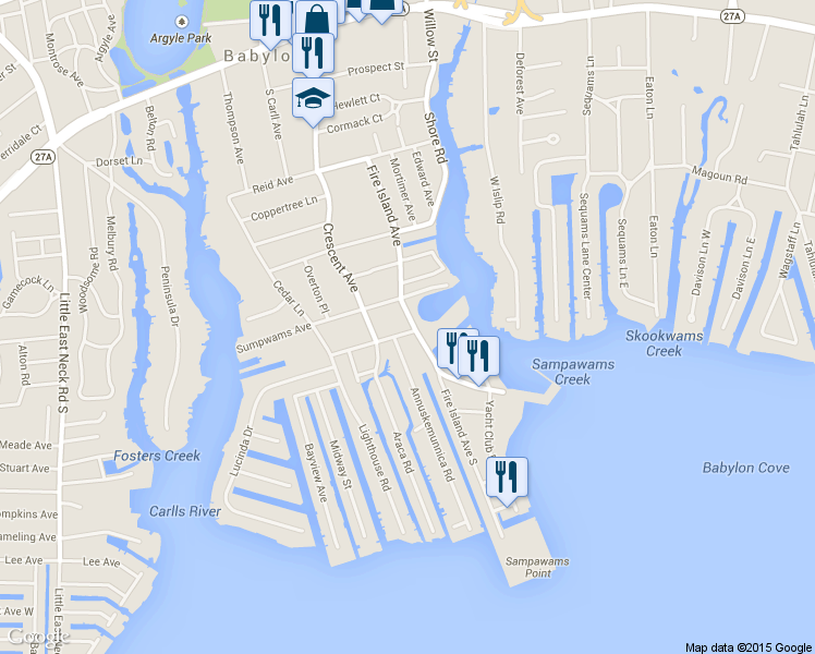 map of restaurants, bars, coffee shops, grocery stores, and more near 358 Fire Island Ave in Babylon