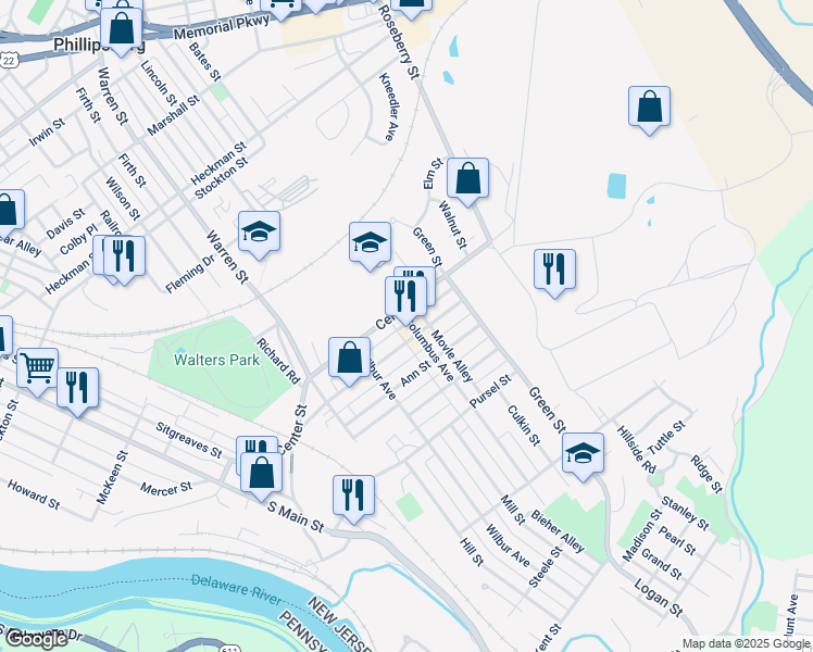 map of restaurants, bars, coffee shops, grocery stores, and more near 664 Columbus Avenue in Phillipsburg