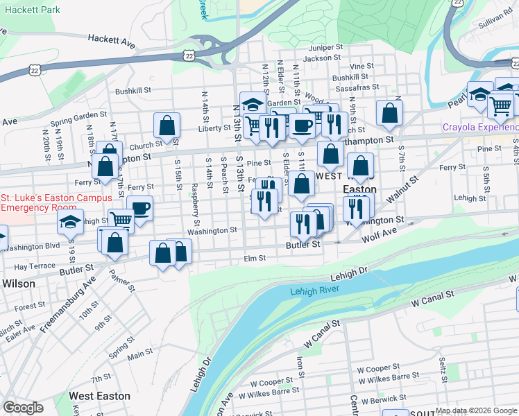 map of restaurants, bars, coffee shops, grocery stores, and more near 1225 Lehigh Street in Easton