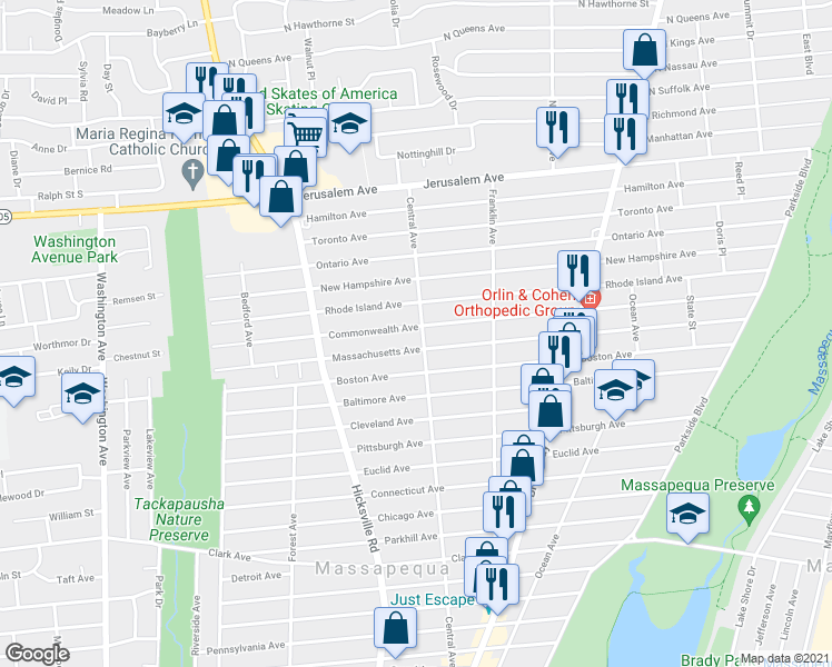 map of restaurants, bars, coffee shops, grocery stores, and more near 649 Central Avenue in Massapequa