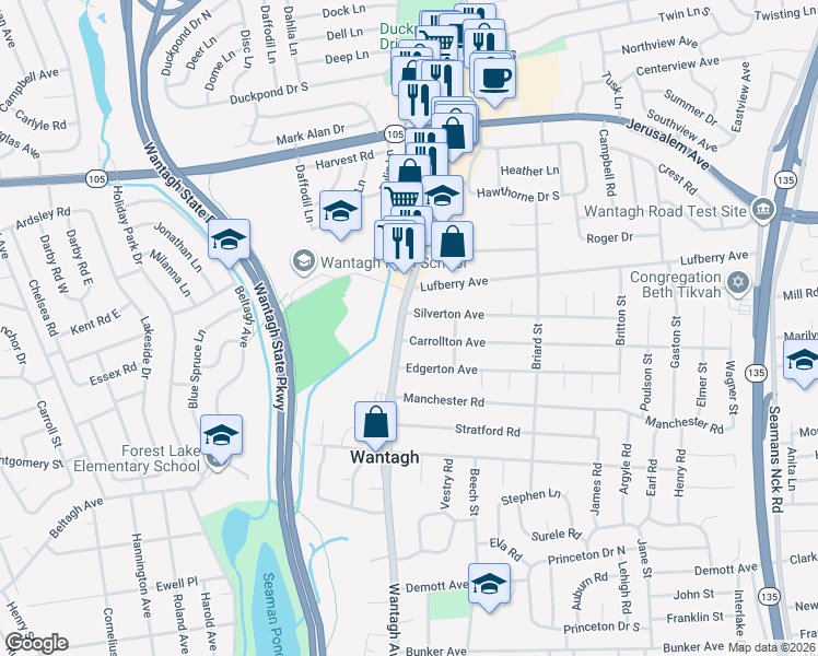 map of restaurants, bars, coffee shops, grocery stores, and more near 1421 Wantagh Avenue in Wantagh