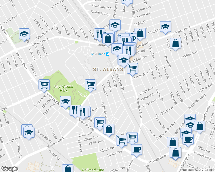 map of restaurants, bars, coffee shops, grocery stores, and more near 118-32 179th Street in Queens