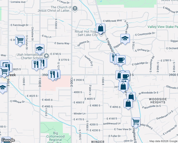 map of restaurants, bars, coffee shops, grocery stores, and more near 1423 East Komenda Way in Millcreek