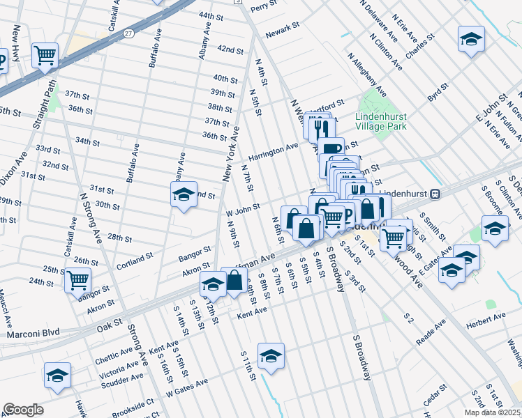 map of restaurants, bars, coffee shops, grocery stores, and more near 194 North 7th Street in Lindenhurst