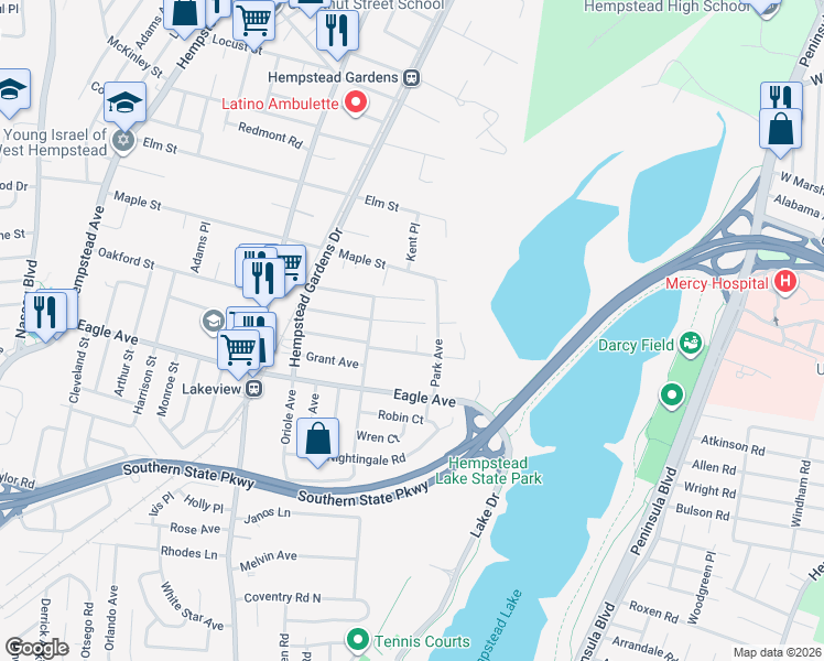map of restaurants, bars, coffee shops, grocery stores, and more near 606 Park Avenue in West Hempstead