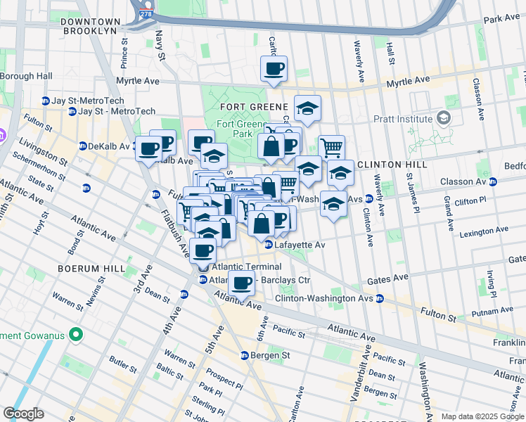map of restaurants, bars, coffee shops, grocery stores, and more near 101 Lafayette Avenue in Brooklyn