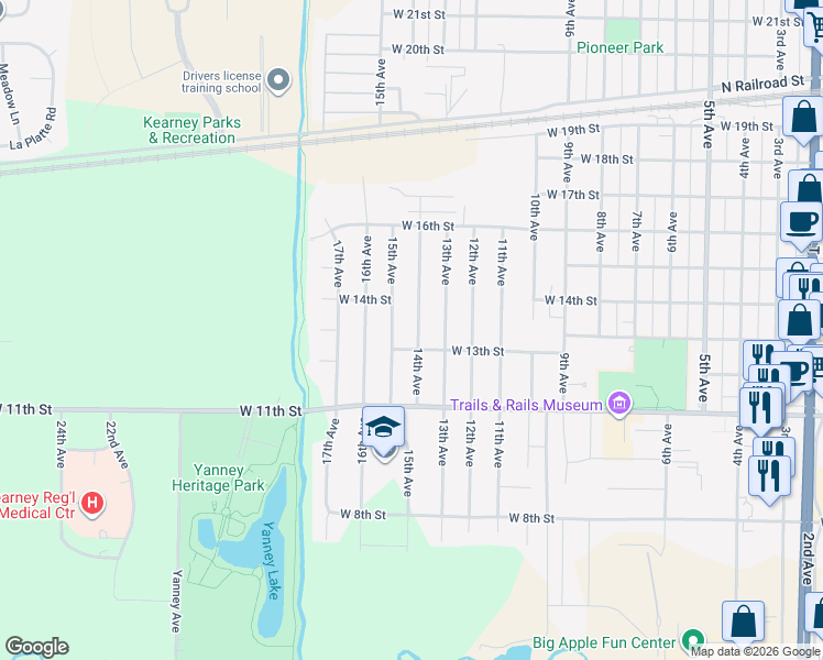 map of restaurants, bars, coffee shops, grocery stores, and more near 1301-1429 15th Avenue in Kearney