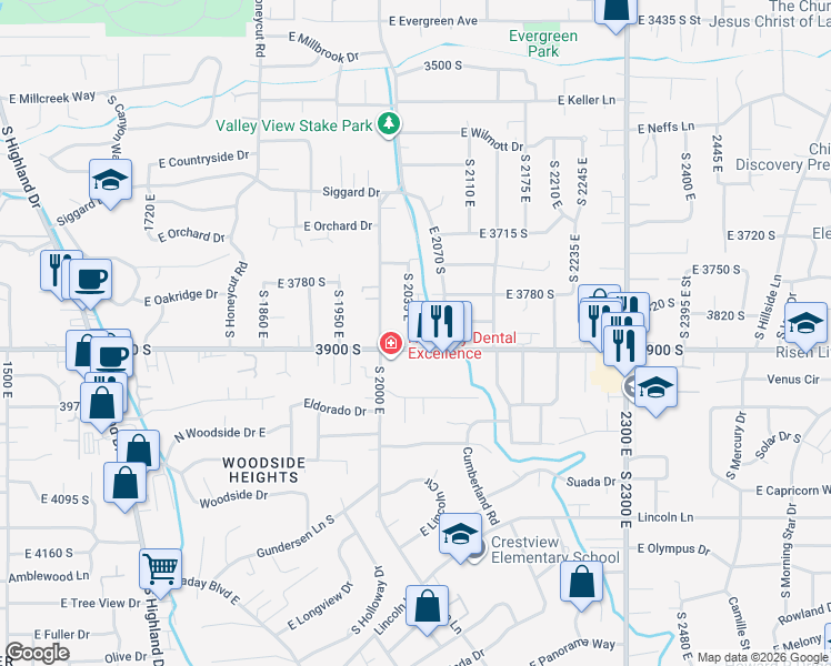 map of restaurants, bars, coffee shops, grocery stores, and more near 3837 South 2035 East in Salt Lake City