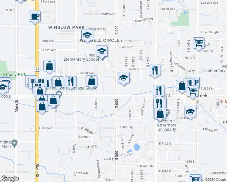 map of restaurants, bars, coffee shops, grocery stores, and more near 3880 500 East in South Salt Lake