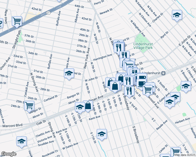 map of restaurants, bars, coffee shops, grocery stores, and more near 194 North 7th Street in Lindenhurst