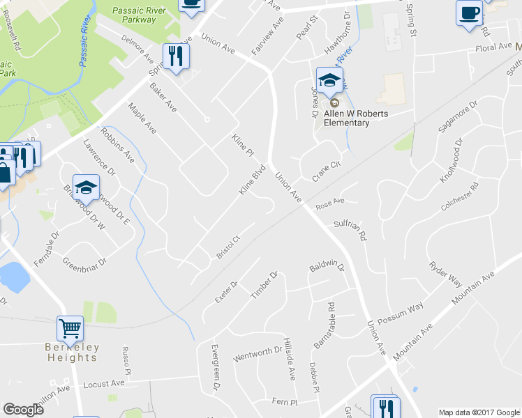 map of restaurants, bars, coffee shops, grocery stores, and more near 64 Richland Drive in Berkeley Heights