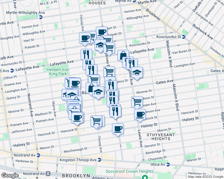map of restaurants, bars, coffee shops, grocery stores, and more near 693 Bro. George Washington Way "Legendary Boxing Trainer" in Brooklyn