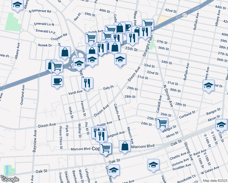map of restaurants, bars, coffee shops, grocery stores, and more near 320 Caboto Avenue in Copiague
