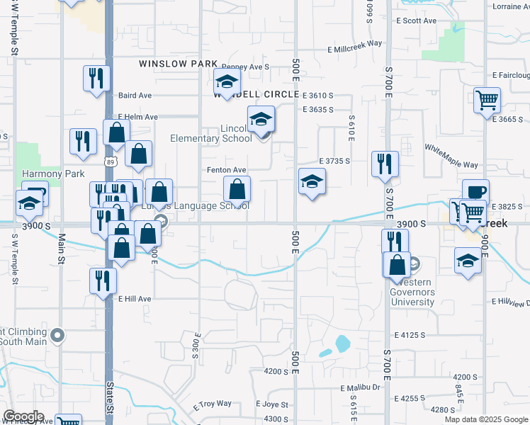 map of restaurants, bars, coffee shops, grocery stores, and more near 437 East 3900 South in Salt Lake City