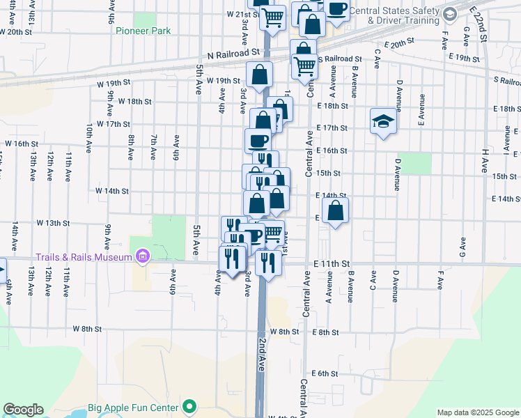 map of restaurants, bars, coffee shops, grocery stores, and more near 299 W 13th St in Kearney
