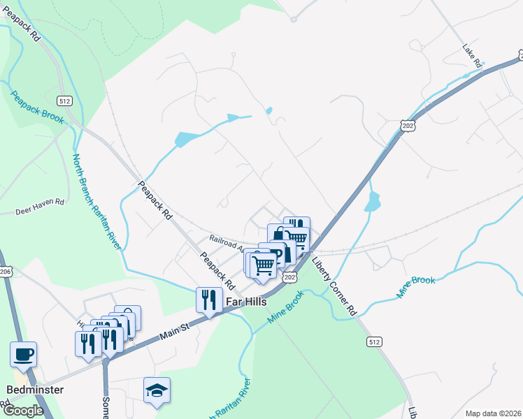map of restaurants, bars, coffee shops, grocery stores, and more near 1 Polo Club Road in Far Hills