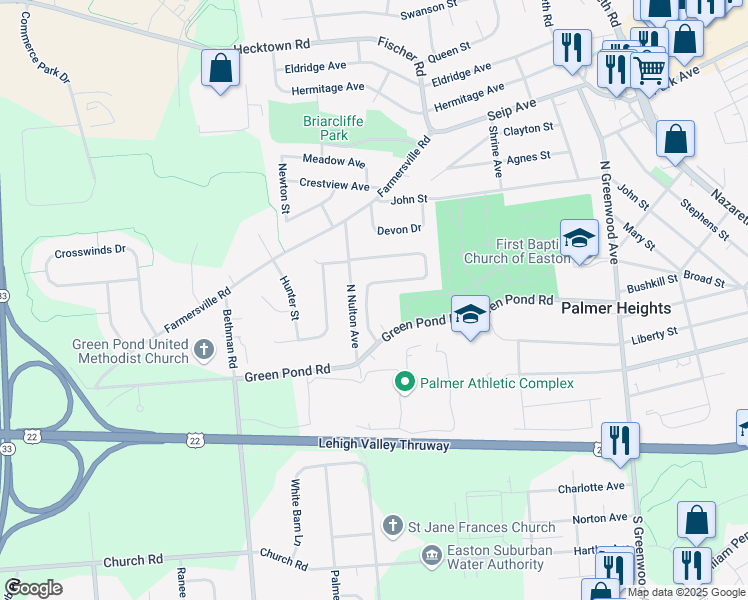 map of restaurants, bars, coffee shops, grocery stores, and more near 12 Ridgewood Road in Easton