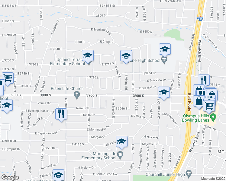 map of restaurants, bars, coffee shops, grocery stores, and more near 2984 East Cruise Way in Salt Lake City