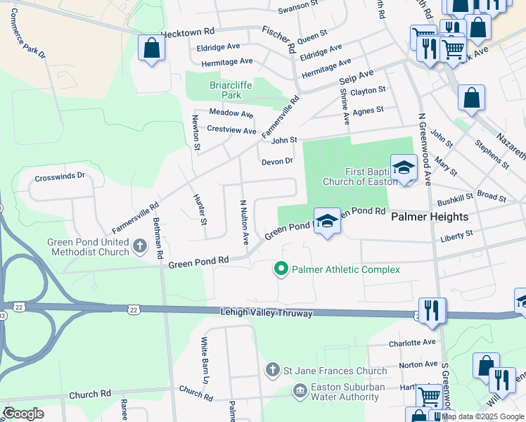 map of restaurants, bars, coffee shops, grocery stores, and more near 12 Ridgewood Rd in Easton