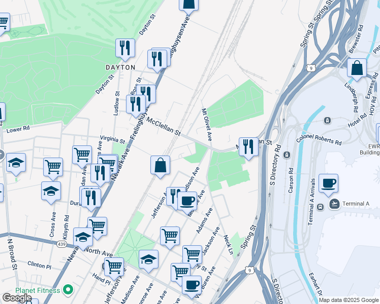 map of restaurants, bars, coffee shops, grocery stores, and more near 43 Pershing Avenue in Newark