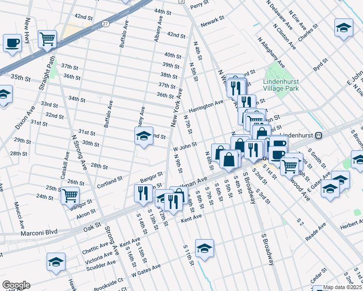 map of restaurants, bars, coffee shops, grocery stores, and more near 203 North 8th Street in Lindenhurst