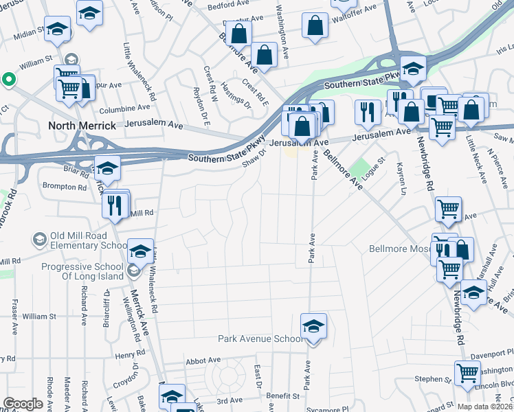 map of restaurants, bars, coffee shops, grocery stores, and more near 1310 Whittier Avenue in North Merrick