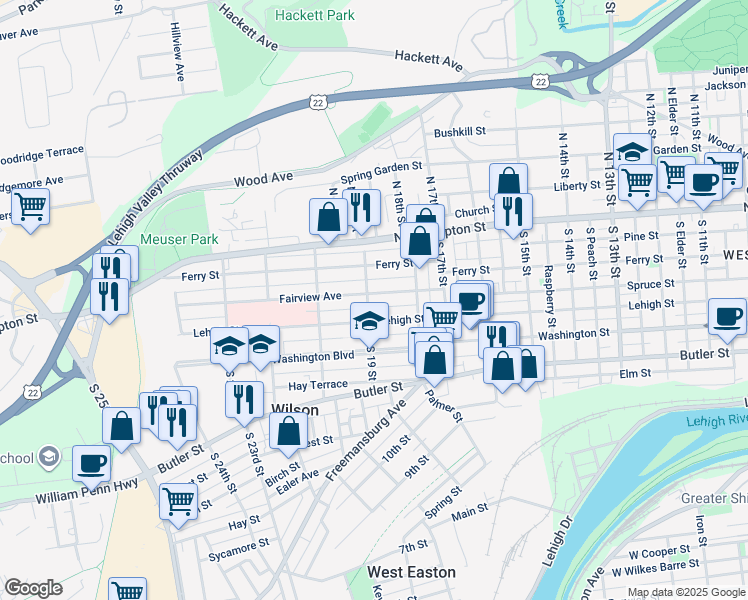 map of restaurants, bars, coffee shops, grocery stores, and more near 1852 Fairview Avenue in Easton