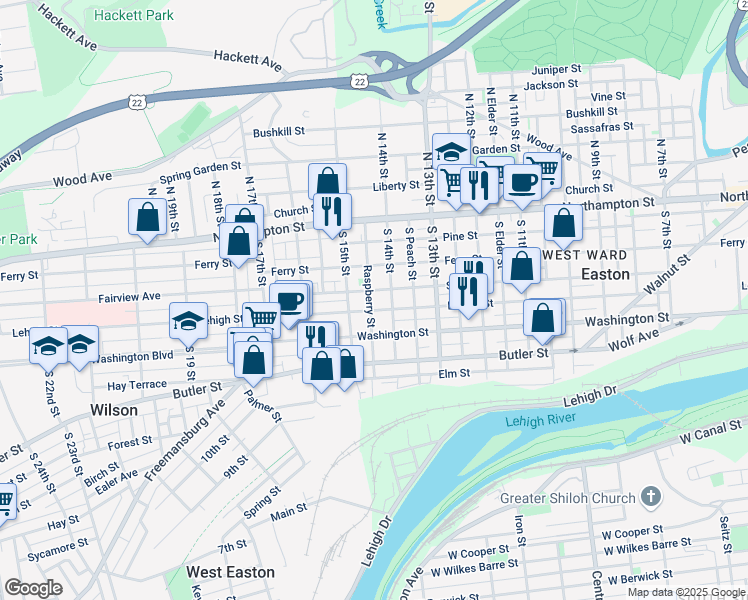 map of restaurants, bars, coffee shops, grocery stores, and more near 1437 Lehigh Street in Easton