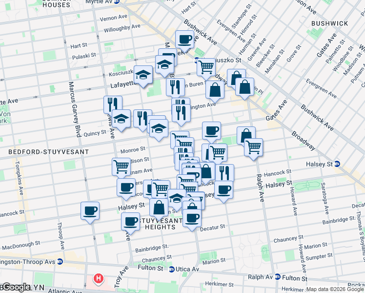 map of restaurants, bars, coffee shops, grocery stores, and more near 656 Monroe Street in Brooklyn