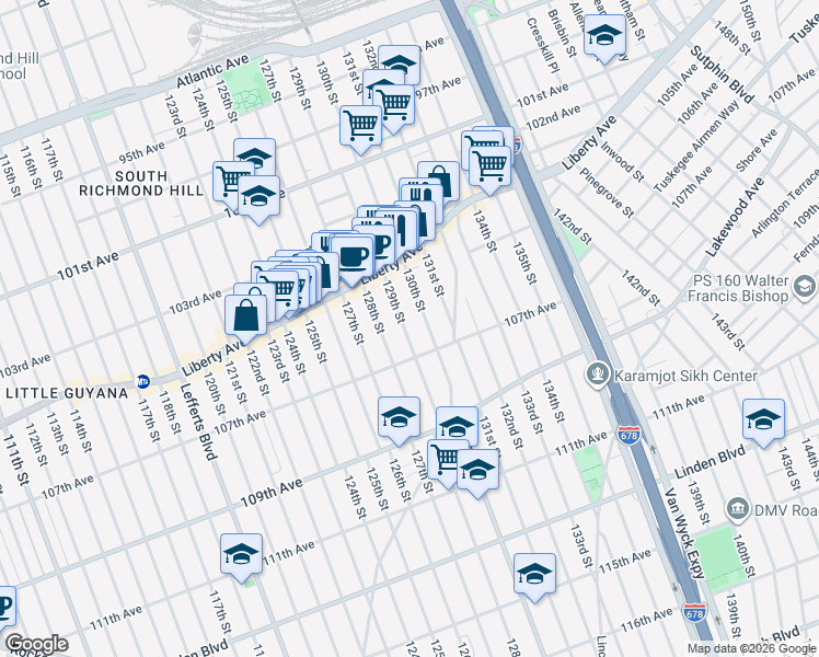 map of restaurants, bars, coffee shops, grocery stores, and more near 104-71 129th Street in Queens