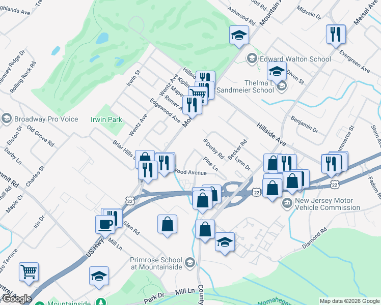 map of restaurants, bars, coffee shops, grocery stores, and more near 46 Astor Place in Springfield