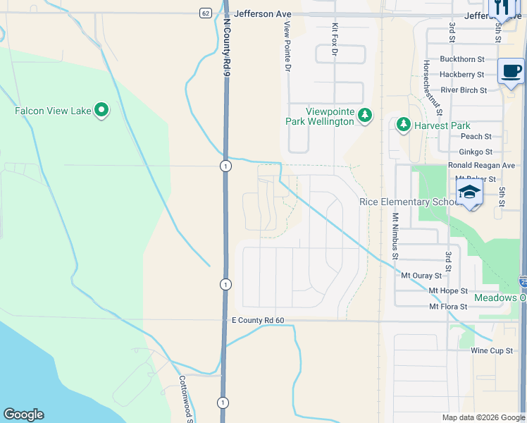 map of restaurants, bars, coffee shops, grocery stores, and more near 7210 Colorado 1 in Wellington