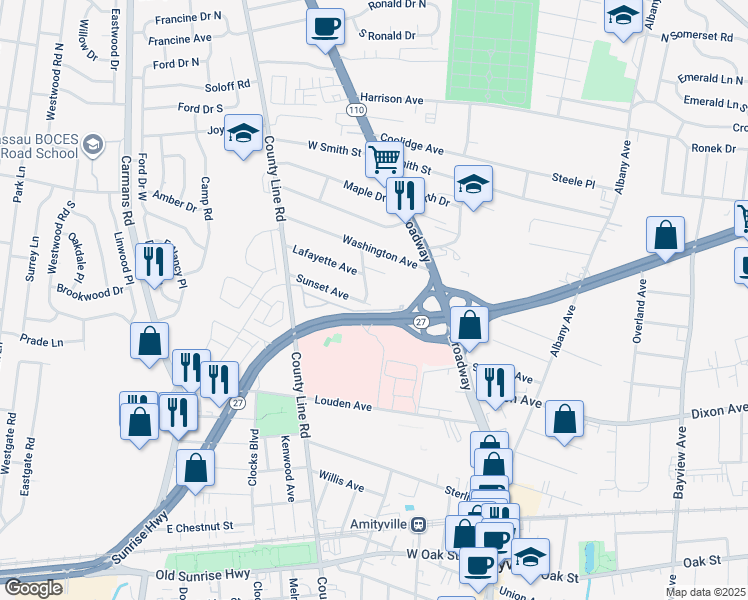 map of restaurants, bars, coffee shops, grocery stores, and more near 57 Sarah Court in Amityville