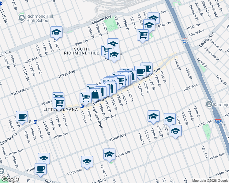 map of restaurants, bars, coffee shops, grocery stores, and more near 123-01 Liberty Avenue in Queens