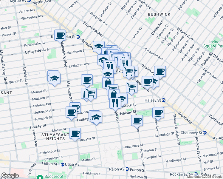 map of restaurants, bars, coffee shops, grocery stores, and more near 834 Madison Street in Brooklyn