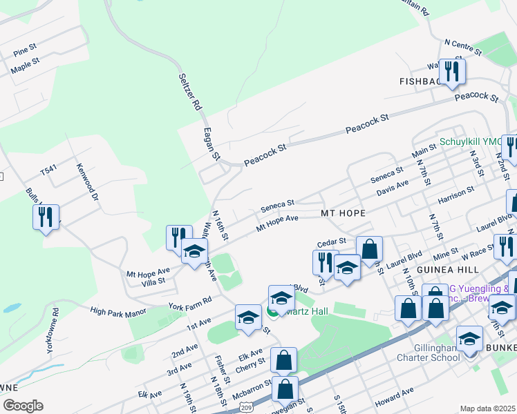 map of restaurants, bars, coffee shops, grocery stores, and more near 1418 Seneca Street in Pottsville