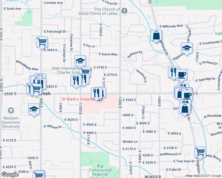 map of restaurants, bars, coffee shops, grocery stores, and more near 1255 East 3900 South in Millcreek