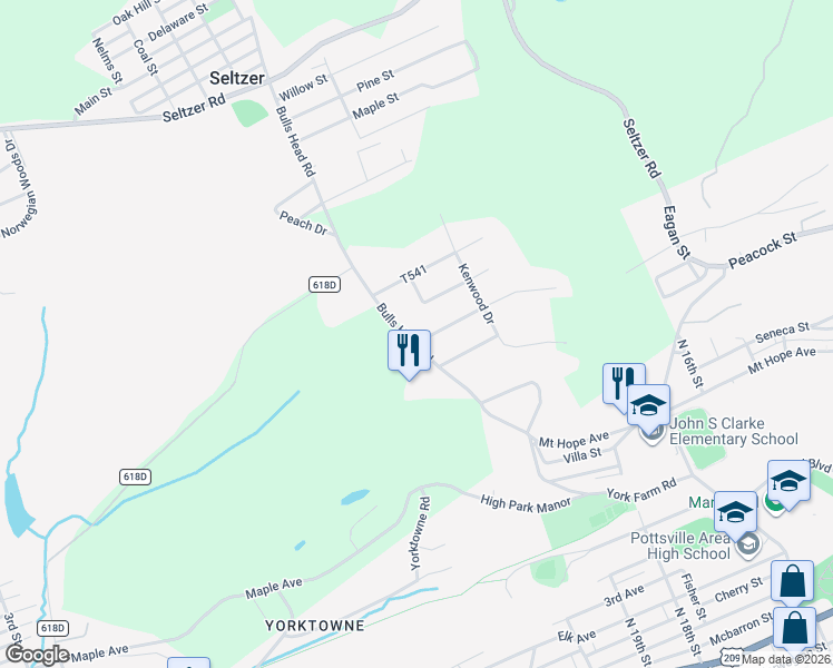 map of restaurants, bars, coffee shops, grocery stores, and more near 499 Parkmeadow Drive in Pottsville